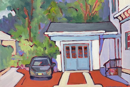 Original oil painting of a house in Bordentown, New Jersey. This is colorful, simplistic and has a car in the landscape. The painting is horizontal in orientation and inspired by painters like Matisse.