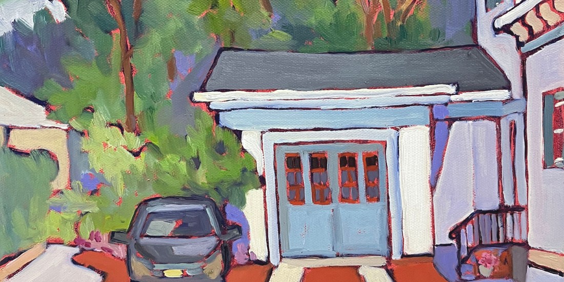 Original oil painting of a house in Bordentown, New Jersey. This is colorful, simplistic and has a car in the landscape. The painting is horizontal in orientation and inspired by painters like Matisse.