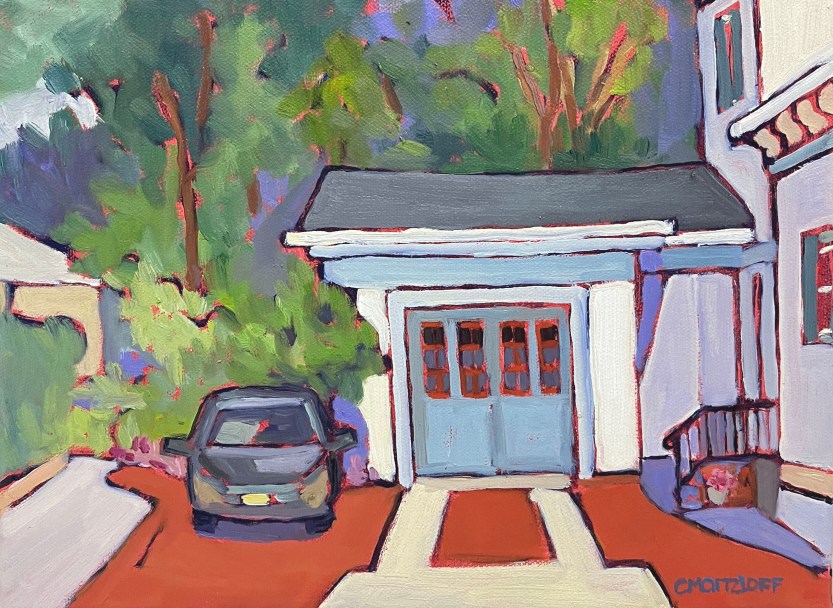 Original oil painting of a house in Bordentown, New Jersey. This is colorful, simplistic and has a car in the landscape. The painting is horizontal in orientation and inspired by painters like Matisse.