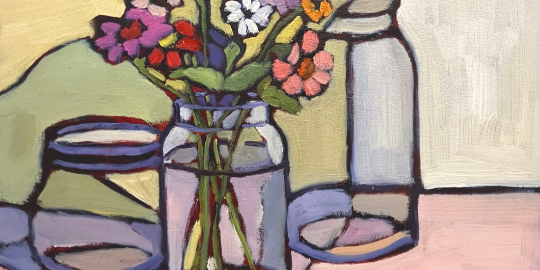 Original still life oil painting on a panel. 9" x 12" in size and a landscape format. Featuring three clear glass canning jars with a bouquet of brightly colored flowers.