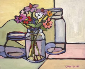 Original still life oil painting on a panel. 9" x 12" in size and a landscape format. Featuring three clear glass canning jars with a bouquet of brightly colored flowers.