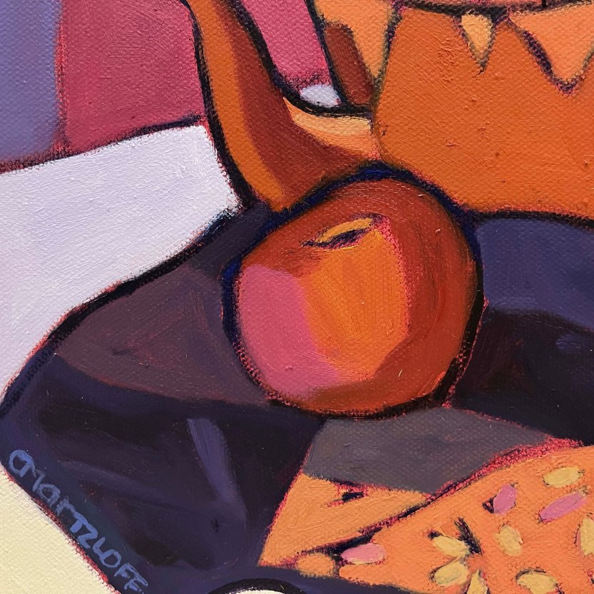 A close up view of Velvet and Copper and the artists signature