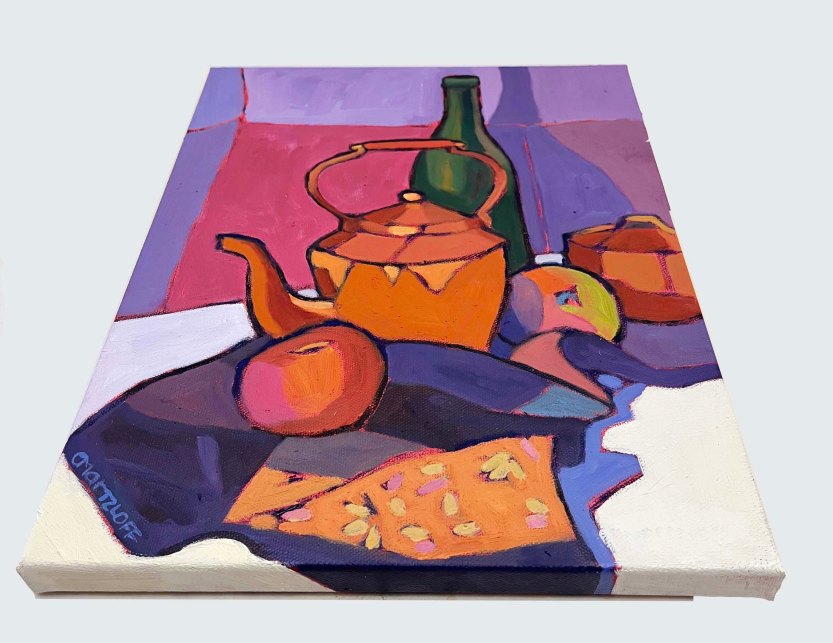 Velvet and Copper still life oil painting shown flat to see the sides of the artwork
