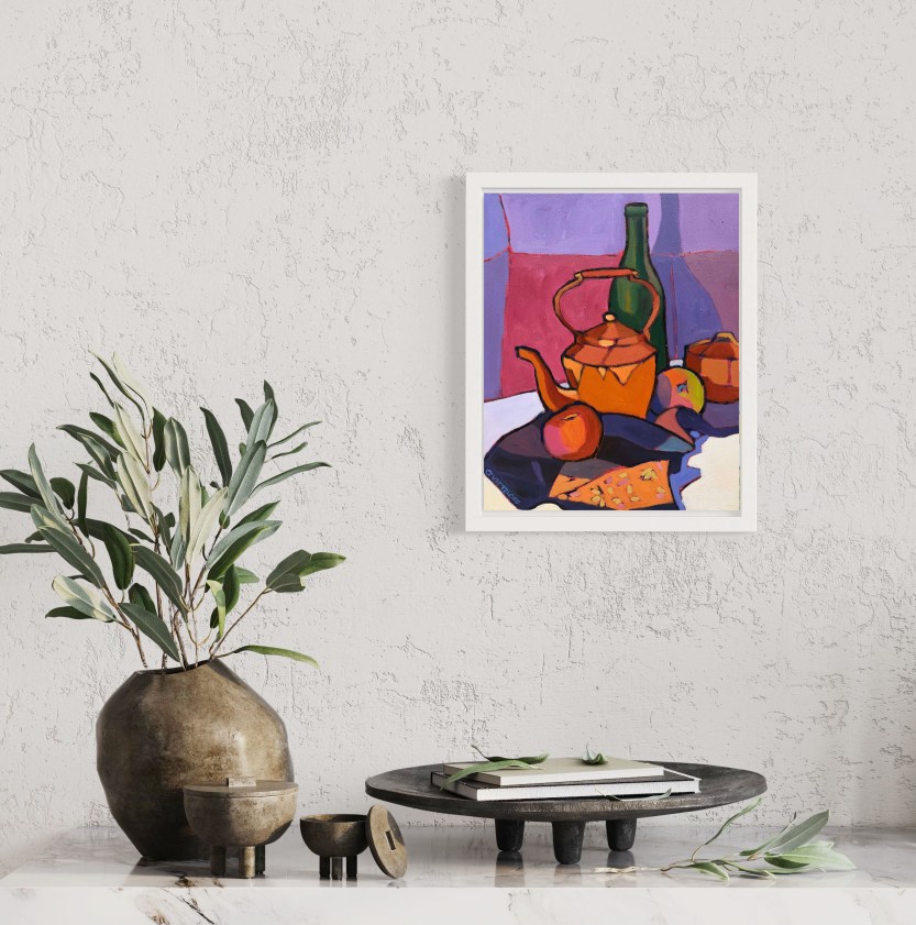 Velvet and Copper - still life oil painting shown in a room on a wall framed