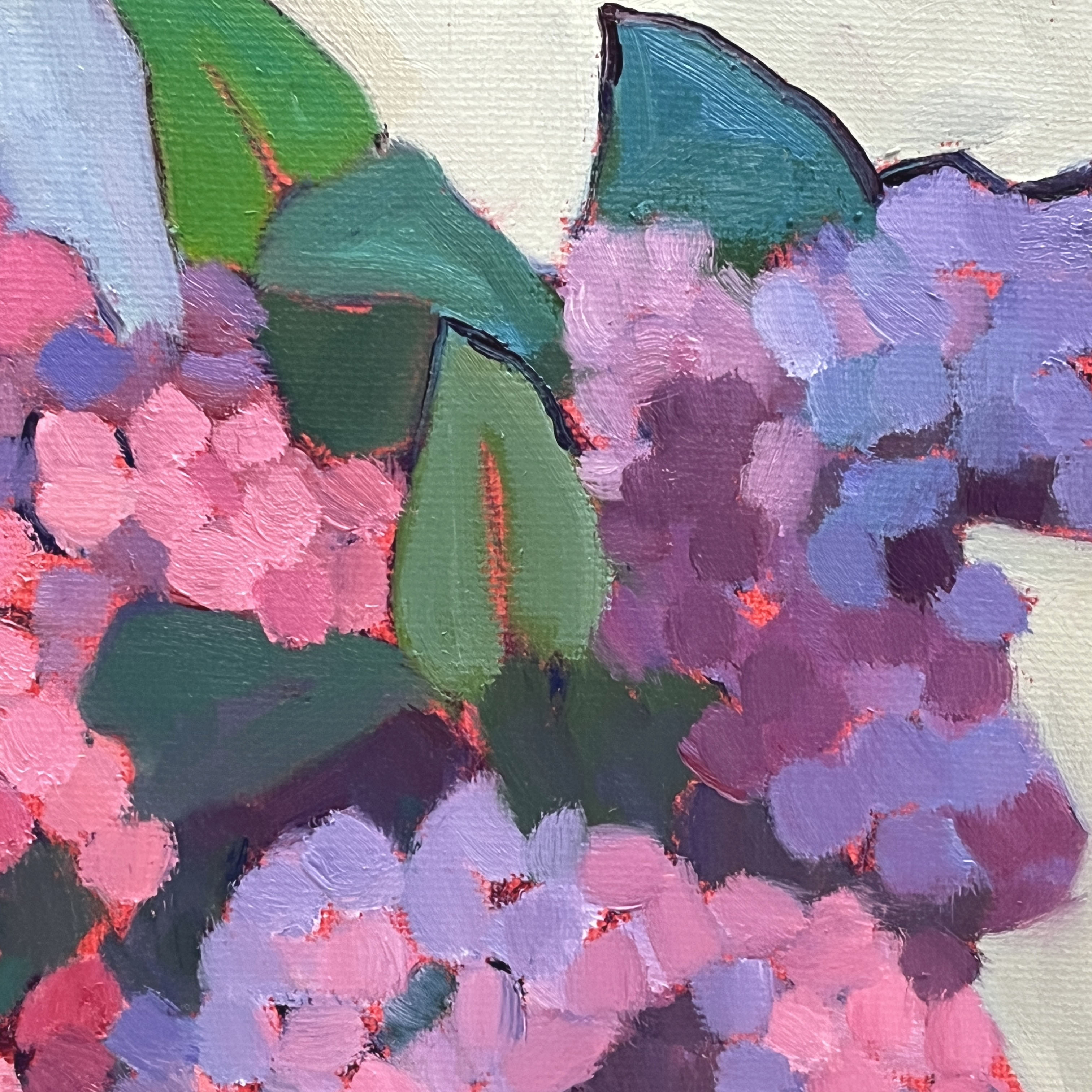 This image shows the texture of brushwork in this painting of lilacs. It's energetic and textural.
